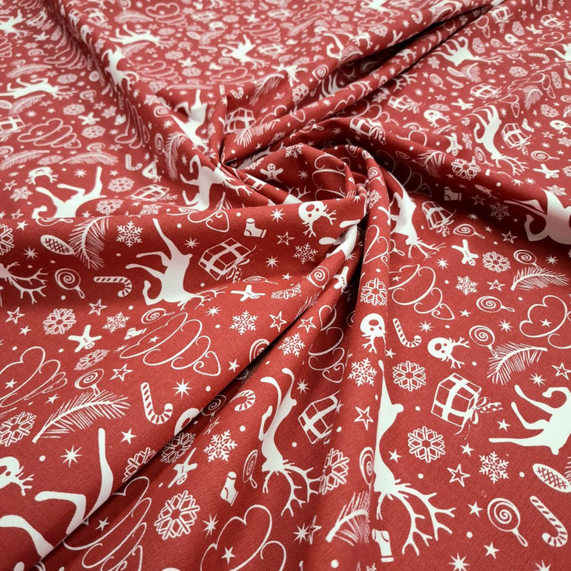 Новогодняя ткань для скатерти Олени фон красный 288681