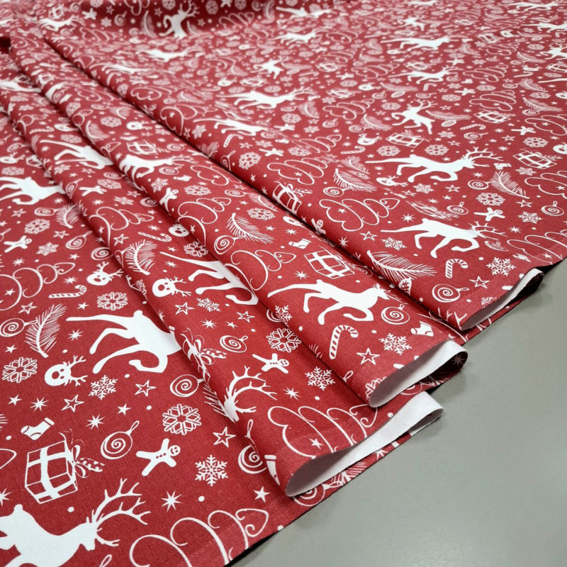 Новогодняя ткань для скатерти Олени фон красный 288681