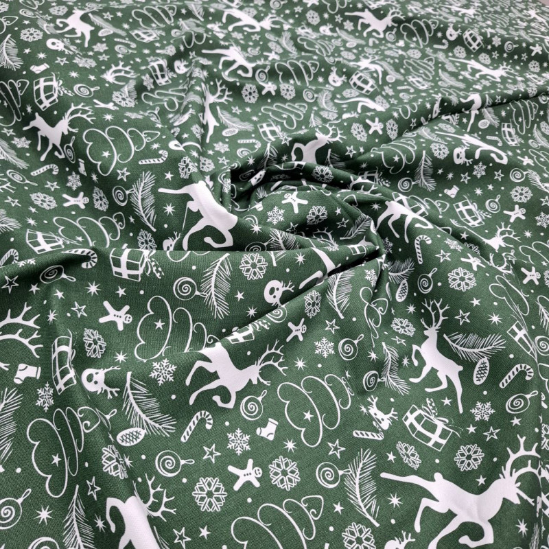 Новогодняя ткань для скатерти Олени фон зелёный 188681