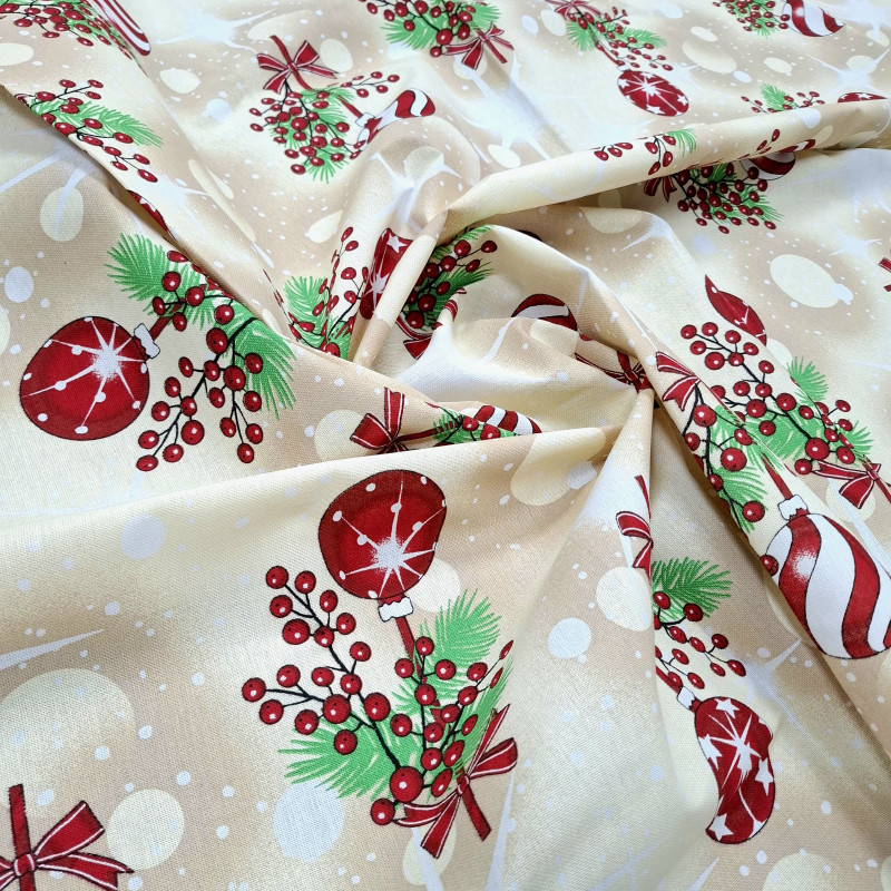 Новорічна тканина для скатертини Іграшки бежевий 493391