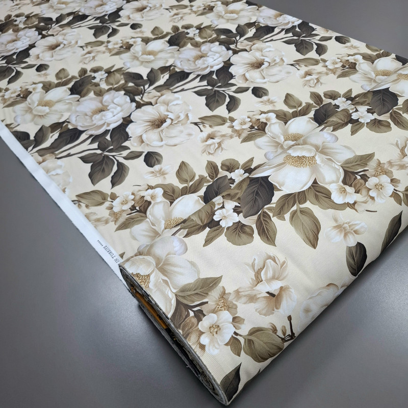 Тканина скатертна з просоченням діджитал Великі квіти шампань 84311