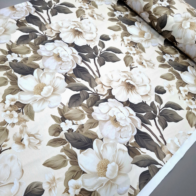 Тканина скатертна з просоченням діджитал Великі квіти шампань 84311