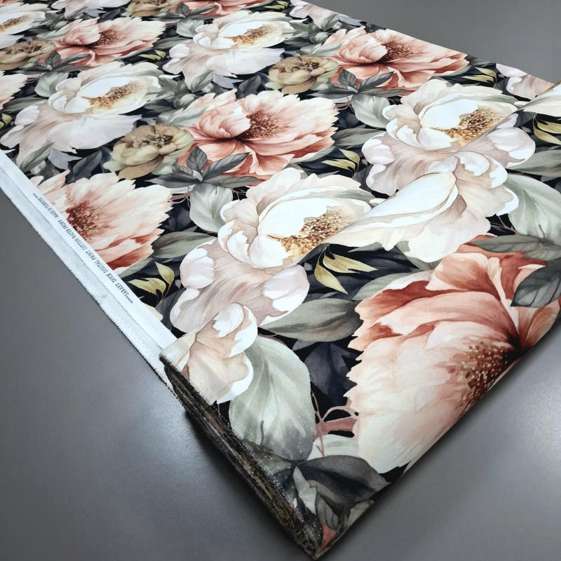 Тканина скатертна з просоченням діджитал Півонія санрайз чорний 108196