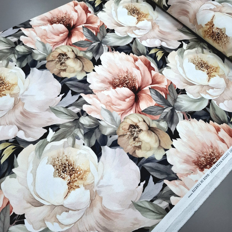 Тканина скатертна з просоченням діджитал Півонія санрайз чорний 108196