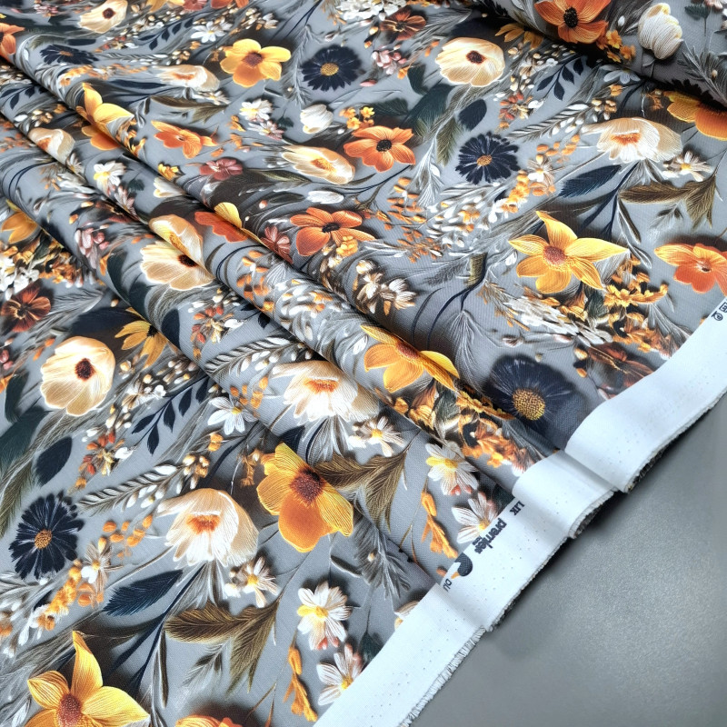 Скатертинна тканина з просоченням діджитал Польові квіти сірий 8826821