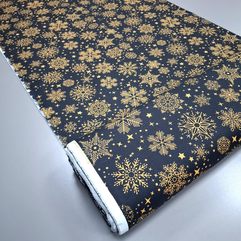 Новорічна тканина з просоченням Сніжинки чорний 24002