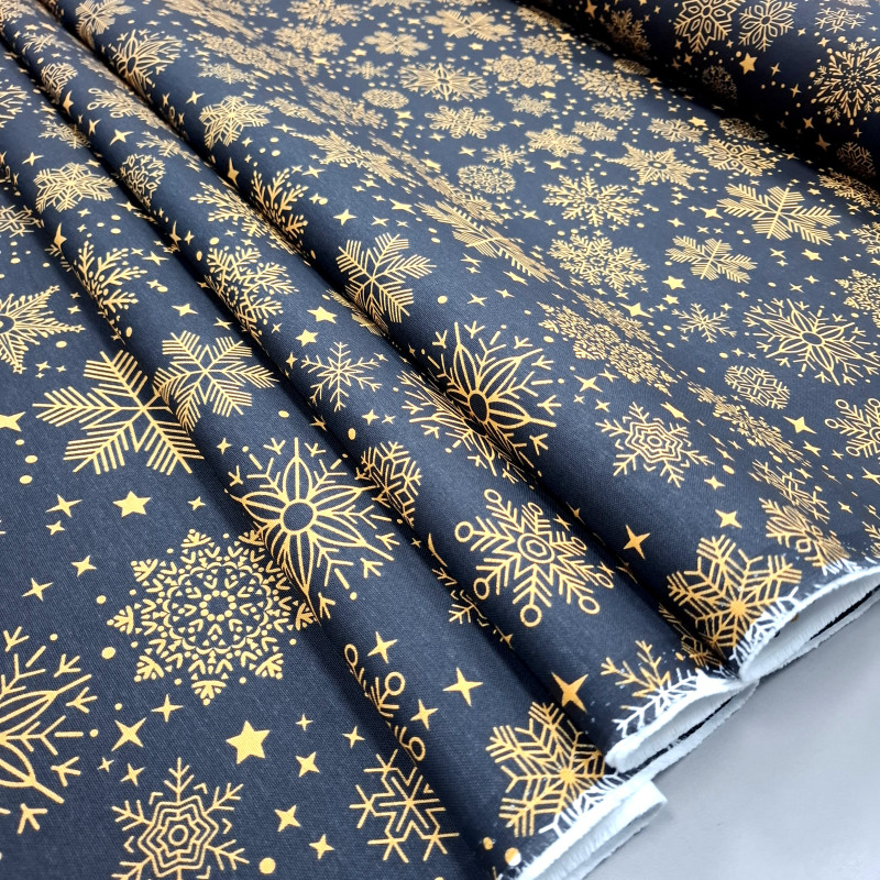 Новорічна тканина з просоченням Сніжинки чорний 24002