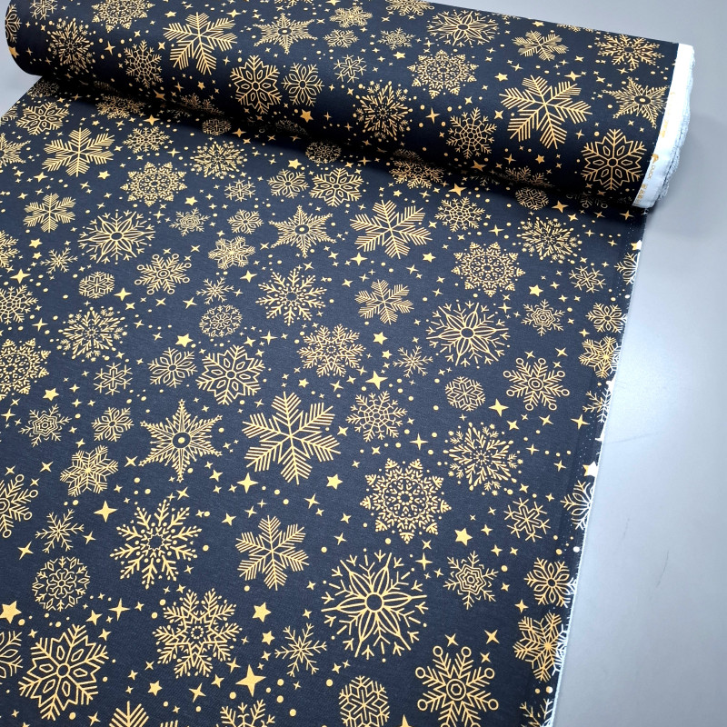 Новорічна тканина з просоченням Сніжинки чорний 24002
