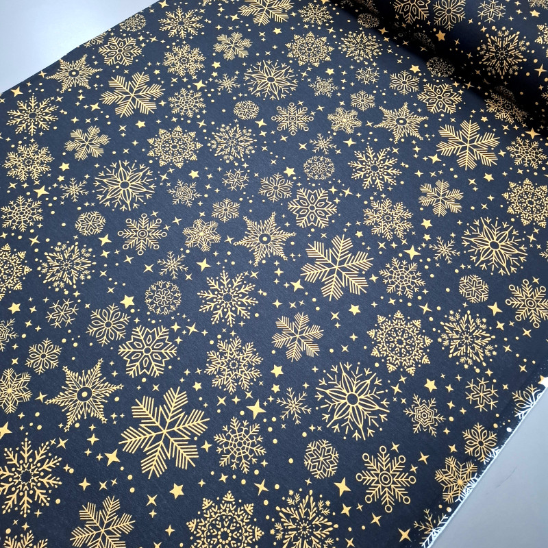 Новорічна тканина з просоченням Сніжинки чорний 24002