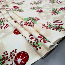 Новорічна тканина для скатертини Іграшки бежевий
